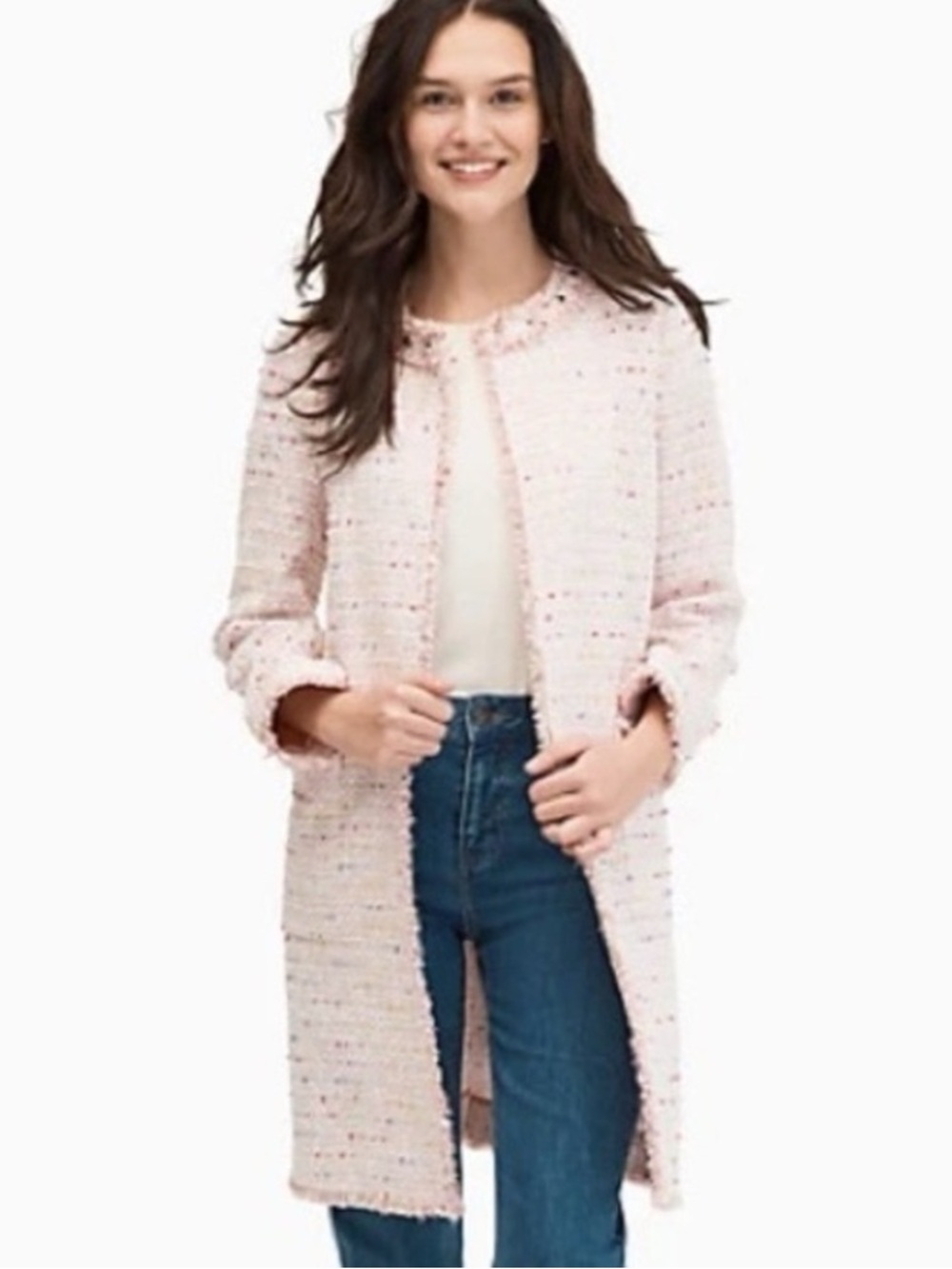 Kate Spade Pink Strawberry Tweed Pocket Open Front‎ Long Jacket Coat size 12